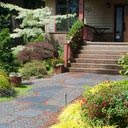 Stone and gravel path and front yard landscaping